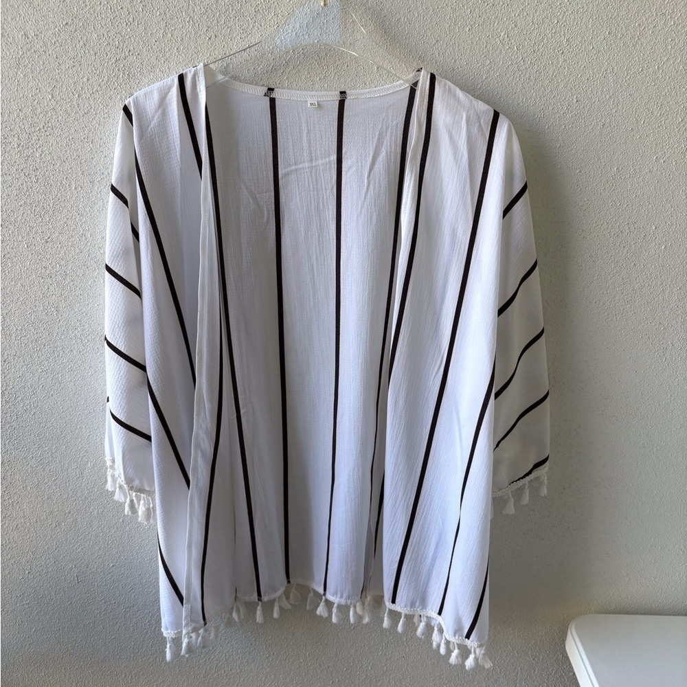 Kimono White‎ with black stripes 3X Fringe Swim coverup Lightweight
